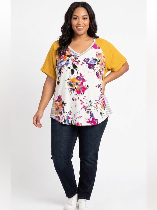 Umgee Tops - Umgee Floral V-Neck Blouse with Yellow Sleeves